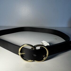 Medium Black Leather Belt with Gold Buckle